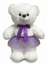 #DL23- 12" CREAM TEDDY BEAR WITH PURPLE TUTU