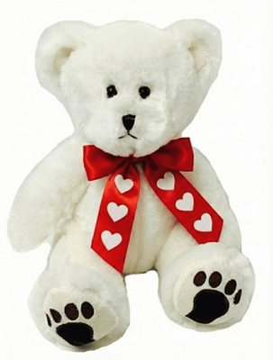 #V209- 12" CREAM TEDDY BEAR WITH RED HEART RIBBON