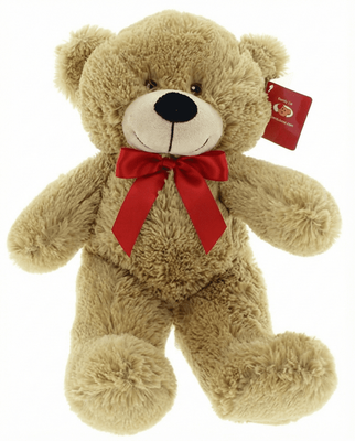 #C28- 12" TAN TEDDY BEAR WITH RED RIBBON