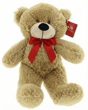 #C28- 12" TAN TEDDY BEAR WITH RED RIBBON