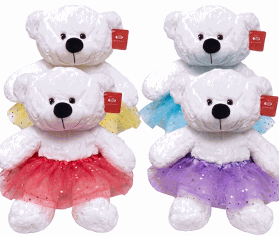 #TU-112" WHITE TEDDY BEAR WITH TUTU ( LOGO TEE AS OPTION)