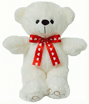 #V219- 12" CREAM VALENTINE BEAR WITH RED HEART RIBBON