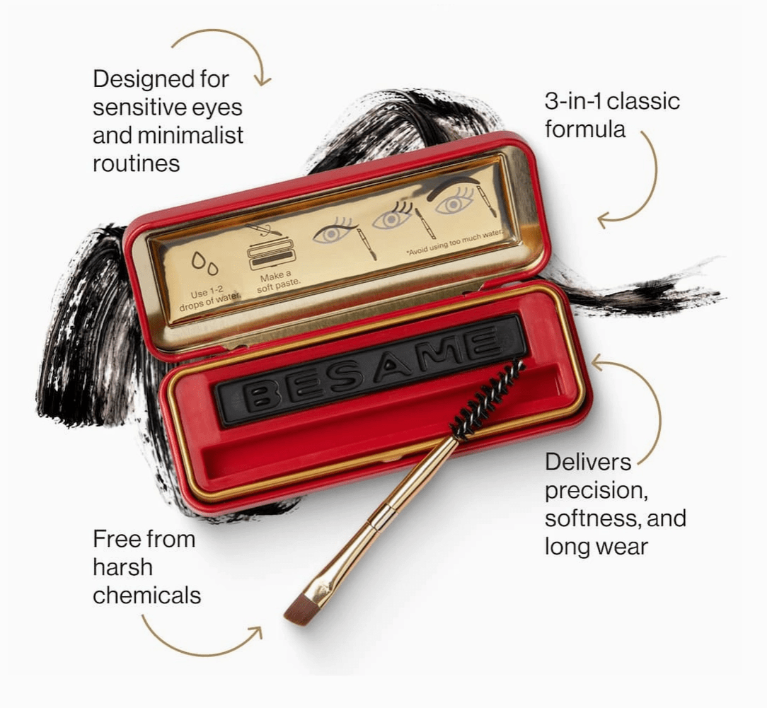 Besame Cosmetics [3 in1] Black Cake Mascara, Liner & Brow Definer