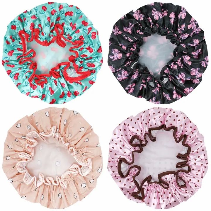 Wrapables Stylish Double Layer Waterproof Shower Caps (Set of 4) Dots, Cherries & Kitties
