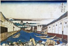36 Views of Mt Fuji #31 Nihonbashi by Hokusai Black Outline
