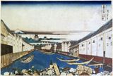 36 Views of Mt Fuji #31 Nihonbashi by Hokusai Black Outline