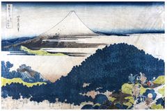 36 Views of Mt Fuji #6 Cushion Pine by Hokusai Blue Outline