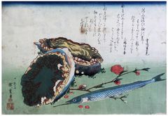 Abalone Needlefish and Peach Blossoms by Ando Hiroshige