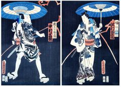 Actors Performing Under the Rain Diptych by Utagawa Kunisada I