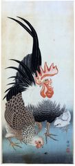 Bantan Cock Hen and Chick by Ohara Koson