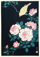 Canary on Rose at Night by Ohara Koson