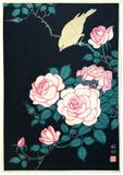 Canary on Rose at Night by Ohara Koson