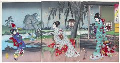 Catching Fireflies by Yoshu Chikanobu Triptych