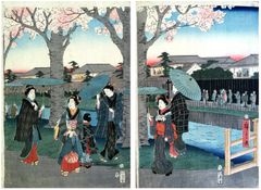 Cherry Blossom Promenade by the Tama River by Ando Hiroshige