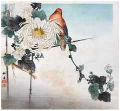 Chrysanthumums and Red Parrot by Tsukioka Kogyo