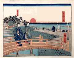 Crossing the Bridge by Sunset by Hiroshige