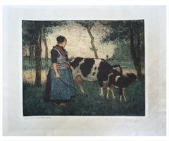 Dutch Woman and Cows by Charles Bartlett