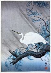 Egret on a Bough of a Willow Tree by Ohara Koson