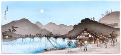 Evening Village and Bridge by Shotei Pre Earthquake