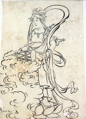 Goddess Kannon Playing Drums Attributed to Hokusai Hanshita-e