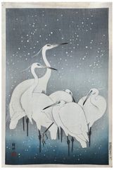 Group of Egrets in Snow by Ohara Koson Pre WWII