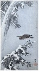 Heron on a Snow-covered Pine Branch by Ohara Koson