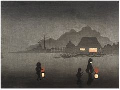Lady and Kids Night Walk by Shotei Pre Earthquake