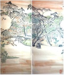 Nanking Park by Qing Wu Watercolor Diptych