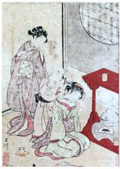 Night Rain at the Double-Shelf Stand by Suzuki Harunobu