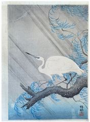 Egret on a Willow Branch by Ohara Koson