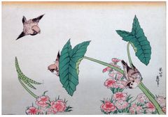 Pinks and Leaves With Sparrows by Hokusai