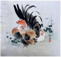 Rooster and Chicken by Maruyama Oshin
