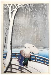 Snow on the Willow Bridge of Yanagibashi by Ohara Koson