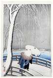 Snow on the Willow Bridge of Yanagibashi by Ohara Koson Pre WWII