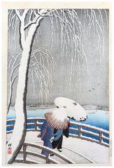 Snow on the Willow Bridge of Yanagibashi by Ohara Koson Pre WWII