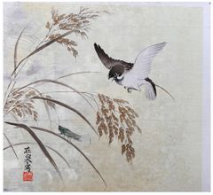 Sparrow Grasshopper and Rice Ears by Hara Zaisen