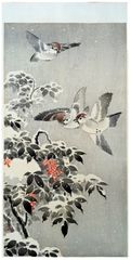 Sparrows and Snow Covered Nandin by Tsuchiya Koitsu ***POSTHUMOUS***
