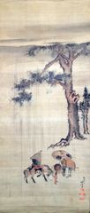 Sudden Rain Silk on Scroll by Hokusai