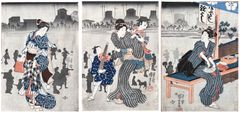 Three Beauties with Children by Utagawa Kuniyoshi Triptych