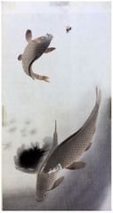 Three Carps One jumping for a Fly by Ohara Koson