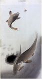 Three Carps One jumping for a Fly by Ohara Koson