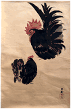 Two Chickens by Yoshimura Horyu Hand Painting on Silk