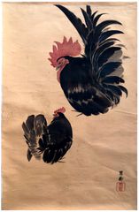 Two Chickens by Yoshimura Horyu Hand Painting on Silk