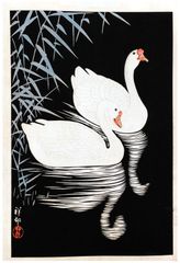 Two Geese Swimming Near Reeds by Ohara Koson 1st Ed.