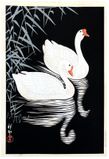 Two Geese Swimming Near Reeds by Ohara Koson Pre WWII