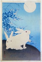 Two White Rabbits and Bush Clover by Ohara Koson 1st Ed.