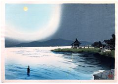 Ukimido Temple at Lake Biwa by Tomichiro Tokuriki