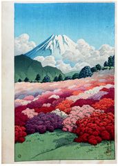 View of an Azalea Garden and Mt Fuji by Kawase Hasui 1st Ed.