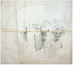 Woman closing the Gate by Yamamoto Bunken Hand Drawing