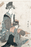 Woman Threading Needle and Girl Playing Music by Utamaro